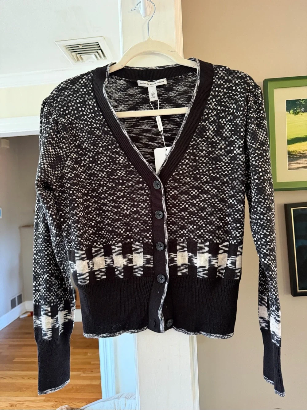 Autumn Cashmere Black and White Patterned V-Neck Button Cardigan